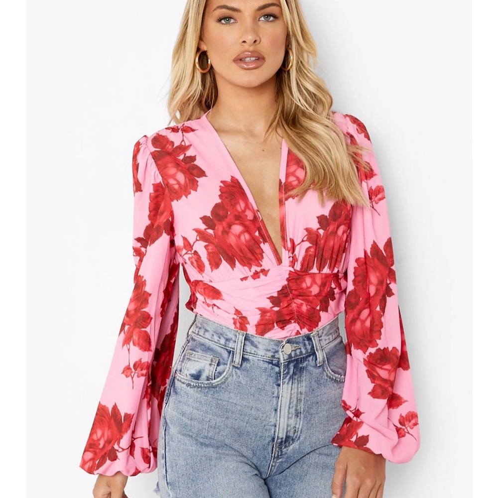 Pink & Red Floral Long Sleeve Bodysuit Deep V Neck